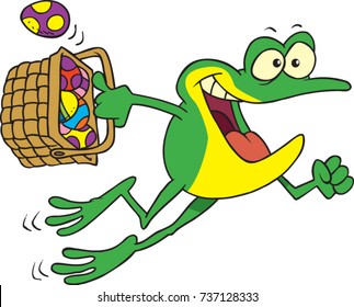 cartoon frog happily jumping with an easter basket full of eggs