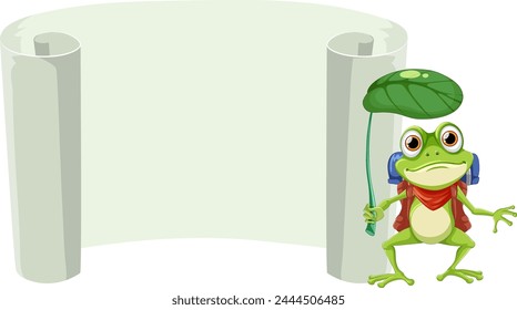Cartoon frog holding a blank scroll banner