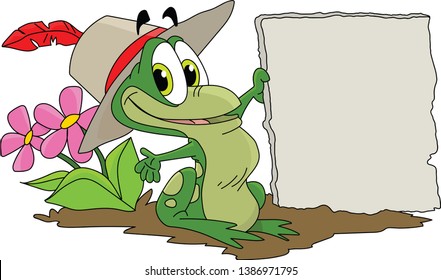 Cartoon frog holding a blank stone tablet in his hands vector illustration