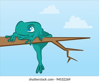 Cartoon frog holding on to a branch or tree