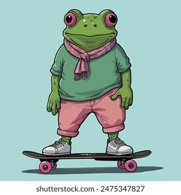 A cartoon frog, humanized, stands confidently with a skateboard under one arm. He's dressed like a boy, wearing a cap backwards, a graphic t-shirt, baggy jeans, and sneakers, ready for some skateboard