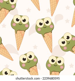 Cartoon frog ice cream in waffle pattern. Kawaii Asian food seamless background with cute animal