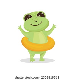 Cartoon frog with inflatable ring isolated on a white background. Vector illustration. Kids inflatable circle. Good for designs, prints, patterns. 
