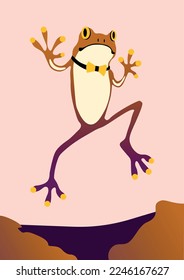 Cartoon frog jumping and chilling isolated on colorful background. Funny toad jump vector flat illustration. Colorful cute amphibian