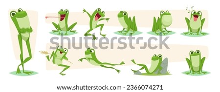 Cartoon frog. Lizards and frog funny action poses exact vector characters isolated