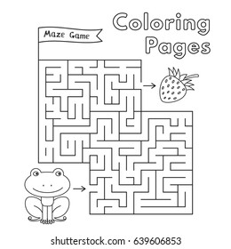 Cartoon frog maze game. Vector coloring book pages for children