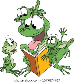 Cartoon frog mother reading stories to her children vector illustration