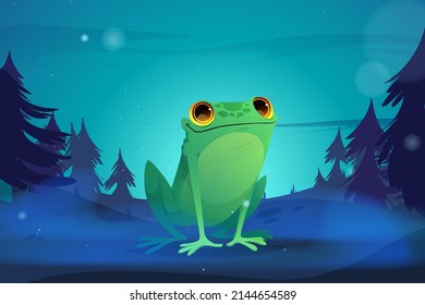 Cartoon frog in night forest. Wild funny toad with green skin, amphibians animal at wildlife environment. Vector illustration for kids book or game, zoology child education, fauna character in nature