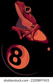 cartoon frog on biliard eight ball on black background. vector illustration design