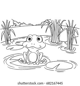 Cartoon frog on lily pad at lake coloring page vector