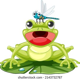 Cartoon frog on lotus leaf with dragonfly illustration