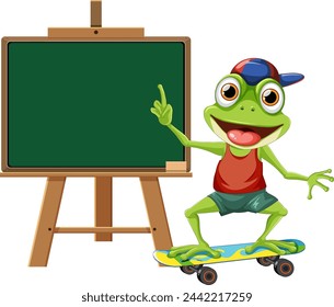 Cartoon frog on skateboard pointing at blackboard