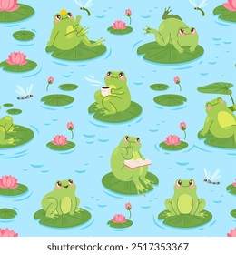 Cartoon frog pattern. Cute funny frogs seamless wallpaper, toad in water pond with swamp lily lotus baby children abstract print fabric textile, doodle swanky vector illustration original artwork