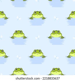 Cartoon frog pattern. Seamless vector background with cute frogs.