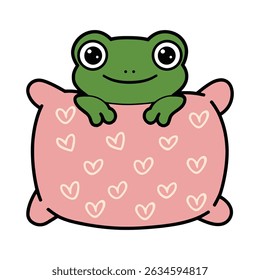 Cartoon frog peeking over a heart-patterned pillow