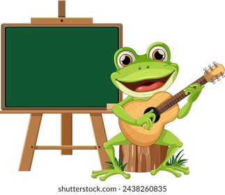 Cartoon frog playing guitar beside a blank blackboard