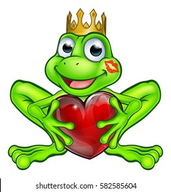 Cartoon frog prince fairy tale mascot character weringa golden crown and holding a heart shape with a lipstick kiss mark on his face 