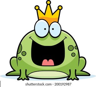 A cartoon frog prince smiling and happy.