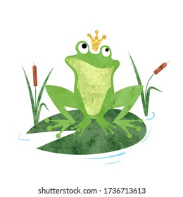 Cartoon Frog prince vector watercolor illustration.