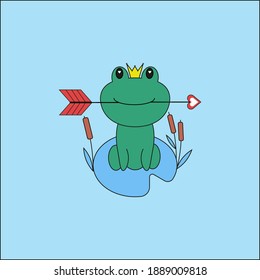Cartoon frog princess with an arrow in her mouth