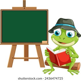 Cartoon frog reading book beside a blank chalkboard