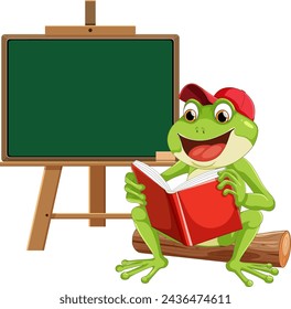 Cartoon frog reading a book by a chalkboard