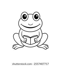 Cartoon Frog Reading a Book Cute Black and White Vector Illustration