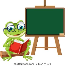 Cartoon frog reading book in front of chalkboard