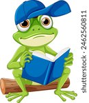 Cartoon frog reading on a log, wearing a cap