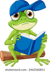 Cartoon frog reading on a log, wearing a cap