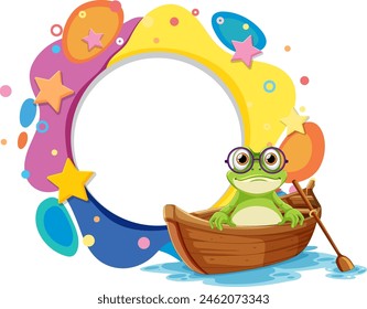 Cartoon frog rowing a wooden boat with colorful background