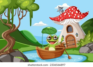 Cartoon Frog Rows Boat in Pond Scene illustration