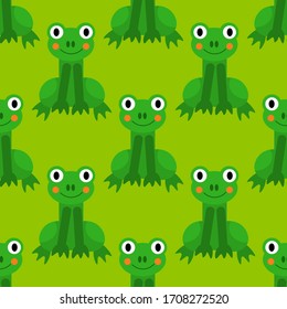 Cartoon frog seamless pattern in flat style. Animal background. Vector illustration. 