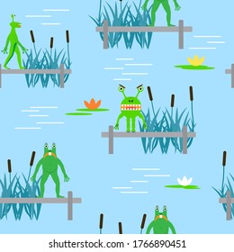 Cartoon frog seamless pattern in flat style. Animal monster
 background. Vector illustration.