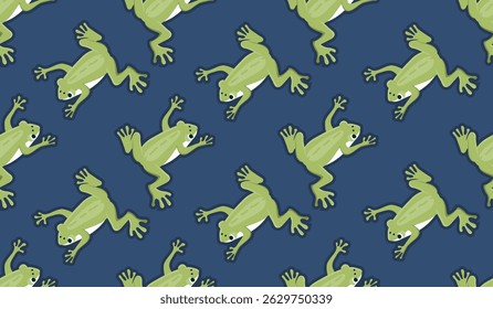 Padrão sem emenda de sapo de desenho animado. Verde cores animal no fundo azul. Design vetorial para impressão em tecido e papel. Papel de parede sem fim, têxtil, capa, pano de fundo. Ilustração plana.