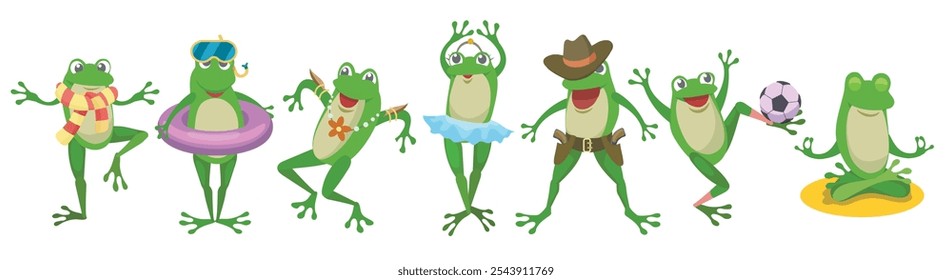 Cartoon frog set. Funny frog characters isolated vector illustration