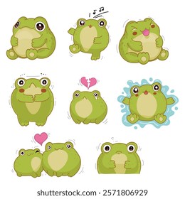 cartoon frog, set of kawaii hand drawn illustration, emotions