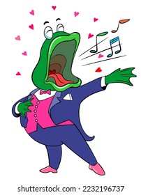 Cartoon frog sings opera. Toad singer in a spectacular pose perfectly performs on the opera stage. The frog in love sings an aria. Vector color drawing of a funny frog.