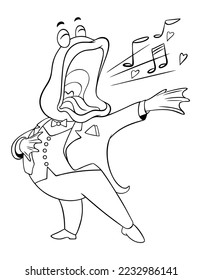 Cartoon frog sings opera. Vector contour drawing for coloring. Toad singer in a spectacular pose perfectly performs on the opera stage.