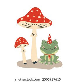 cartoon frog sits under fly agaric mushrooms, cute flat style