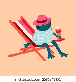 Cartoon frog sitting in a chair on the beach, enjoying an ice cream cone on a sunny and relaxing summer day