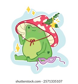 Cartoon frog is sitting. Funny cute green frog with a red mushroom hat and carnival mask. Vector character. Sticker, logo, poster. Flat illustration on a white background. 