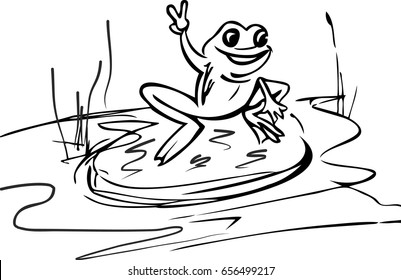 Cartoon frog sitting on the leaf. Sketch.