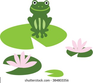 Cartoon frog sitting on lily pad. vector illustration. isolated on white.