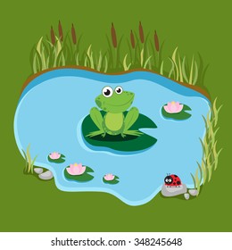 Cartoon frog sitting on a water lily in the swamp. Vector illustration.