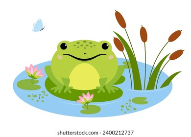 Cartoon frog sitting in pond, cute amphibia. Green toad in natural habitat, froggy water animal in pond with water lilies and butterfly svg