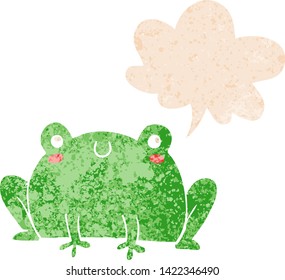 cartoon frog with speech bubble in grunge distressed retro textured style