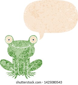 cartoon frog with speech bubble in grunge distressed retro textured style