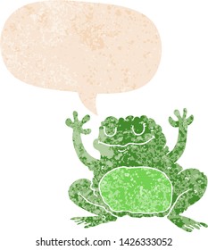 cartoon frog with speech bubble in grunge distressed retro textured style