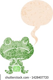 cartoon frog with speech bubble in grunge distressed retro textured style